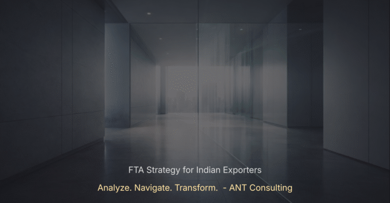 Minimalist corporate corridor with a nearly invisible glass barrier, symbolizing non-tariff barriers and the hidden capability gaps behind free trade agreements.