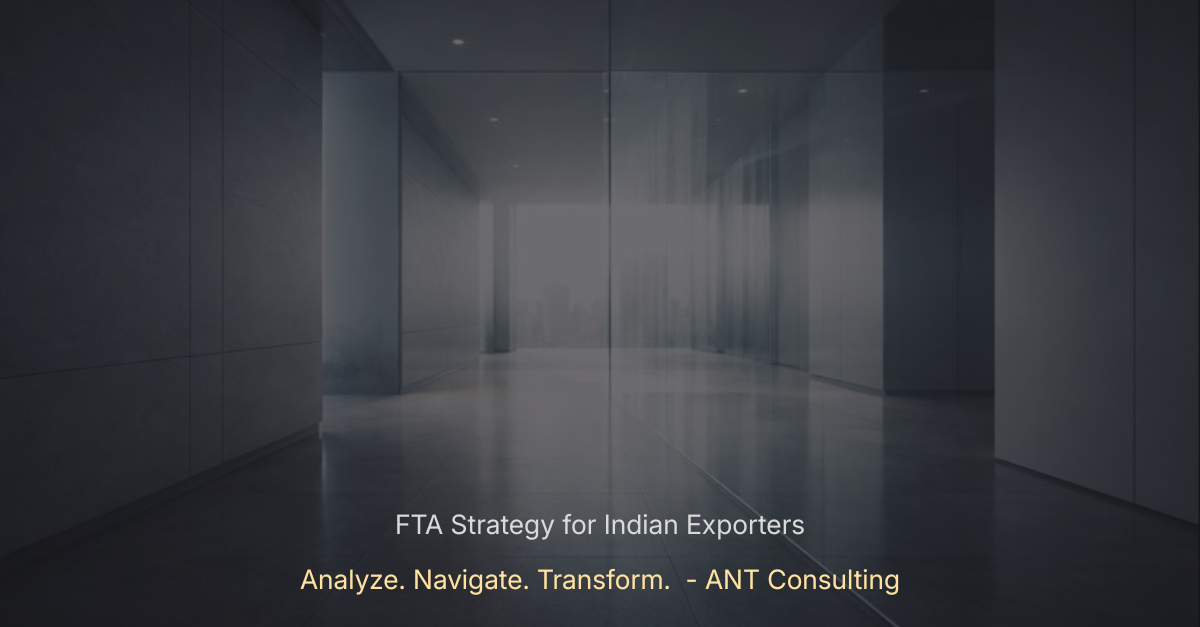Minimalist corporate corridor with a nearly invisible glass barrier, symbolizing non-tariff barriers and the hidden capability gaps behind free trade agreements.